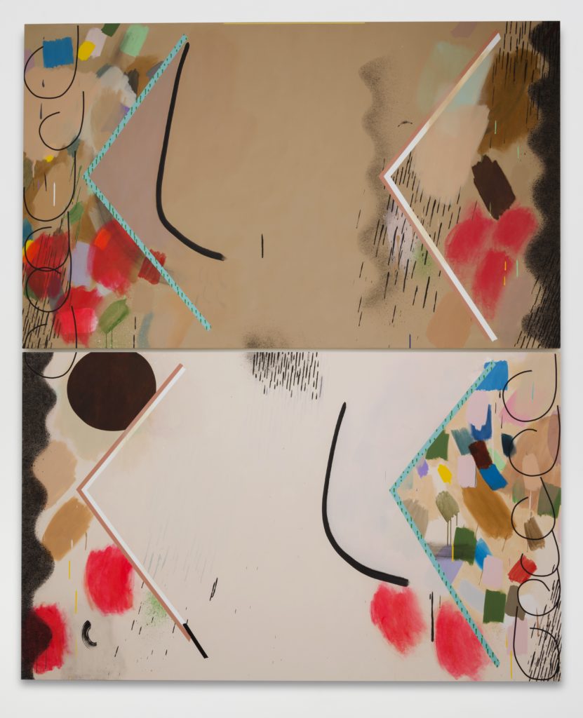 Allison Miller, Bed, 2016. Oil, oil stick, acrylic, and collage on two canvases.