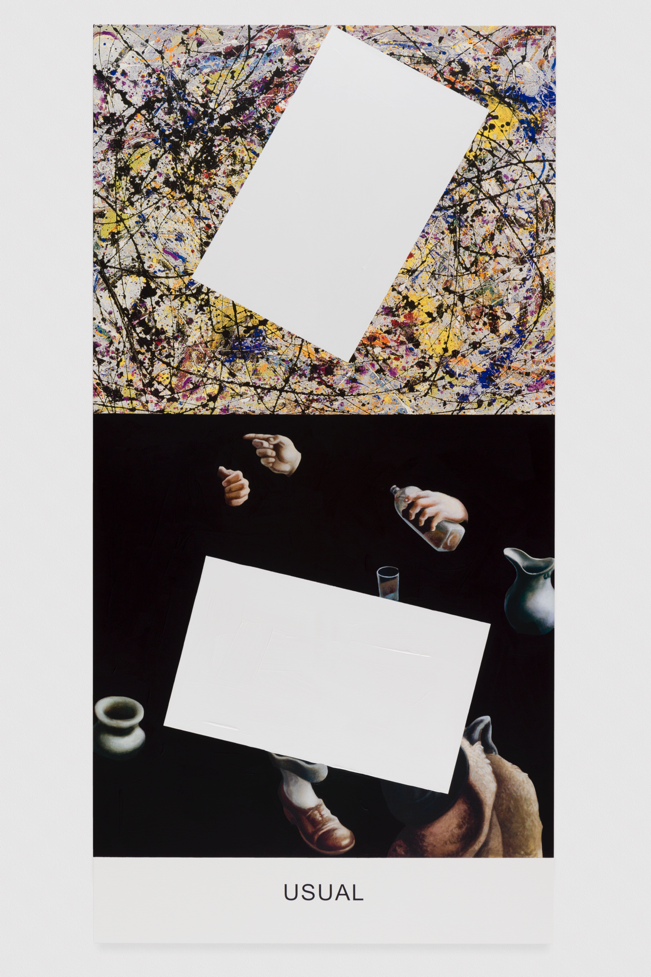 John Baldessari, Pollock/Benton: Usual, 2016. Varnished inkjet print on canvas with acrylic paint. 95 3/4 x 47 x 1 5/8 in. Courtesy of the artist and Marian Goodman Gallery. Photo credit: Joshua White