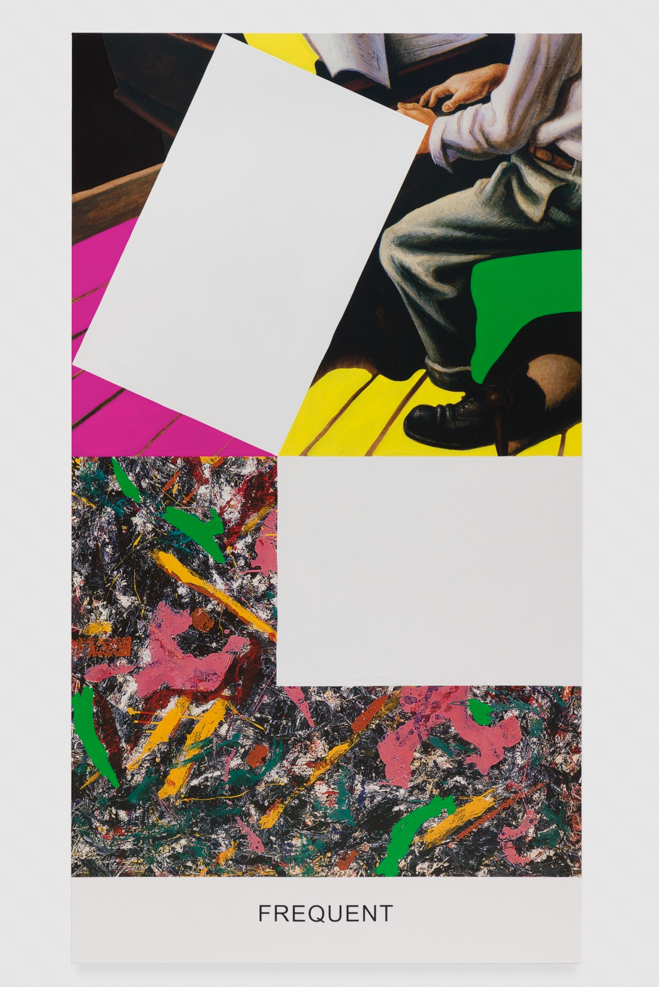 John Baldessari, Pollock/Benton: Frequent, 2016. Varnished inkjet with acrylic paint. 95 1/2 x 52 1/4 x 1 5/8 in. Courtesy of the artist and Marian Goodman Gallery. Photo credit: Joshua White